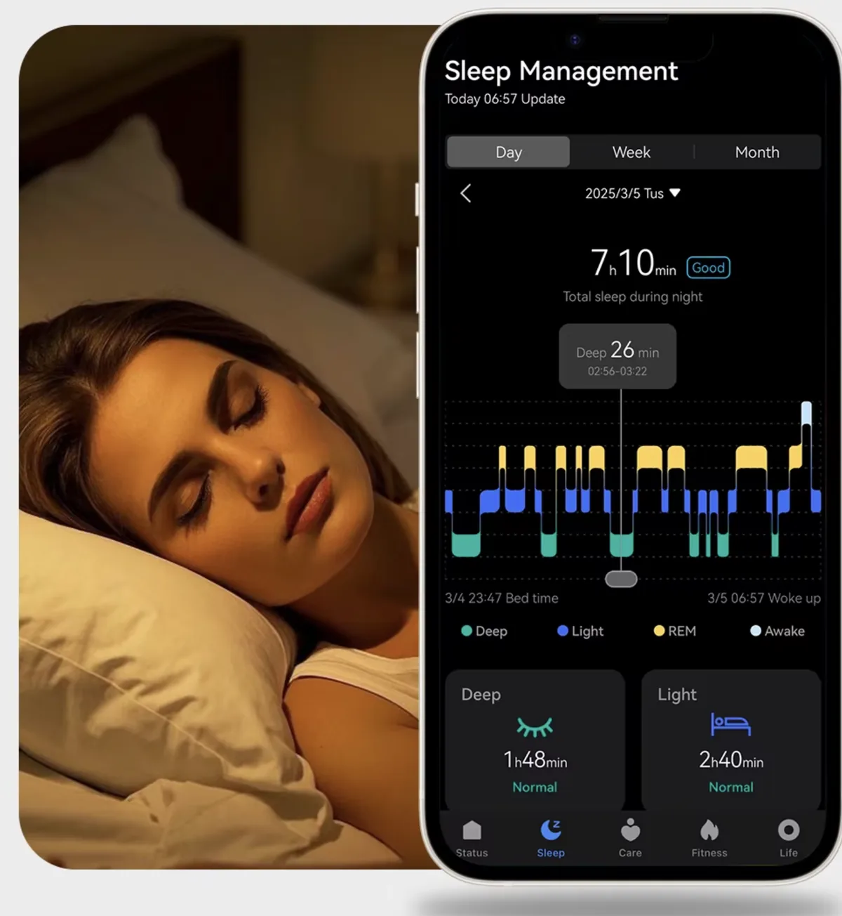 A woman sleeping, beside a phone showing her overnight sleep stages